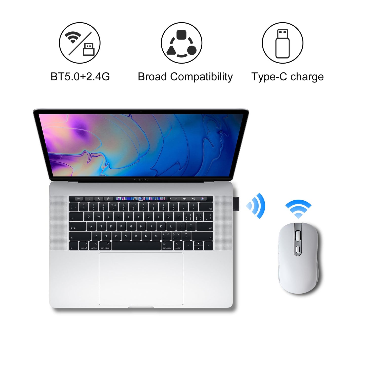 elec Space Wireless Mouse - Dual Mode Type-C Rechargeable Bluetooth, 2.4G, 800-1600 DPI, 3 Device Connection, White