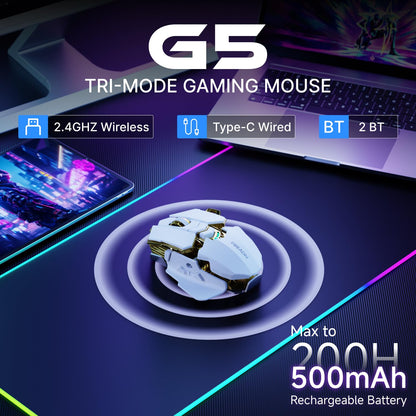 SEUNKWANG G5 Wireless Gaming Mouse - 12800 DPI, RGB, 6 Backlit Modes, 9 Macro Buttons, Rechargeable, Bluetooth, White