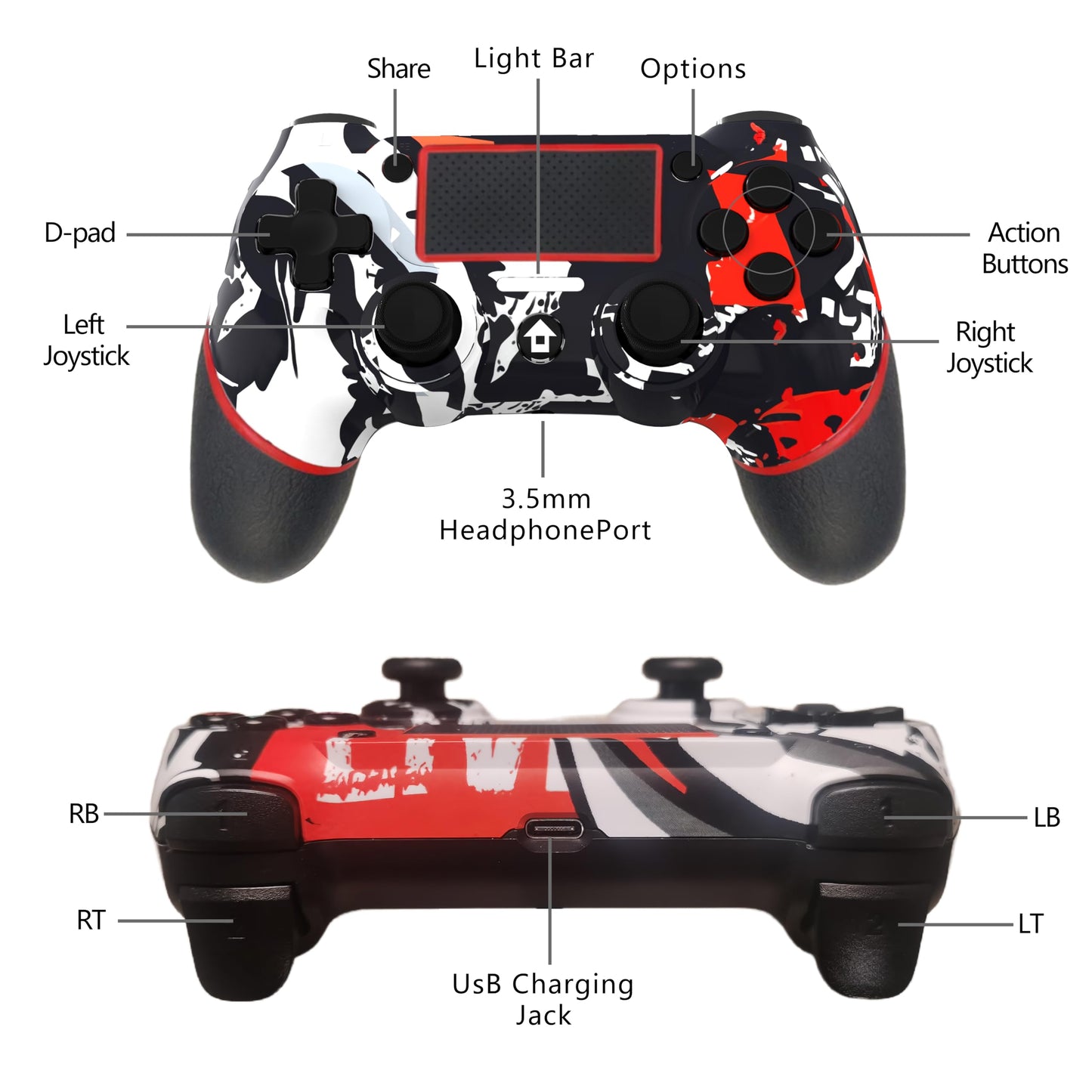 SZDILONG Wireless Controller for PS4/Pro/Slim/PC, Flame Red, with Touchpad, Headphone Jack, Motion Control, Charging Cable
