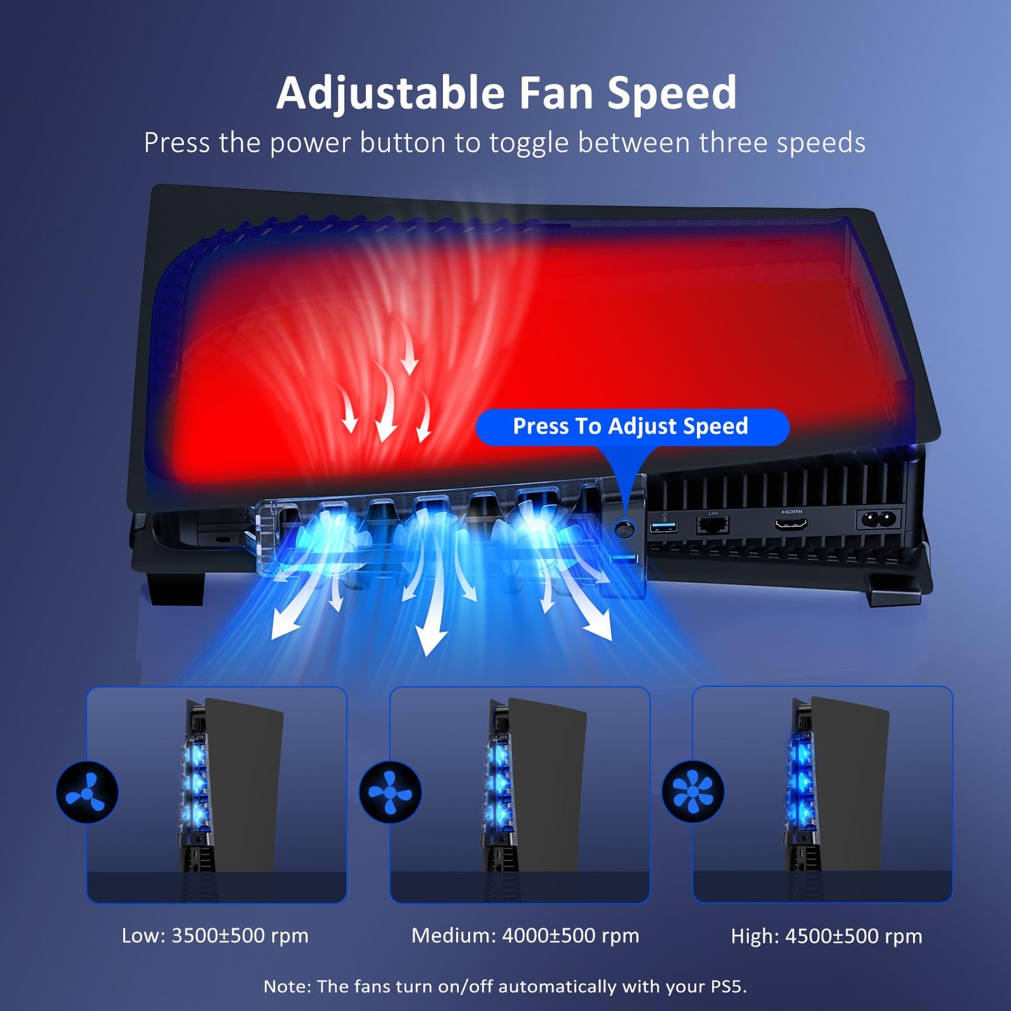 NexiGo PS5 Horizontal Stand with Cooling Fan, USB 3.0, LED Light, Auto Power On/Off, Black, Model 1551S BLK