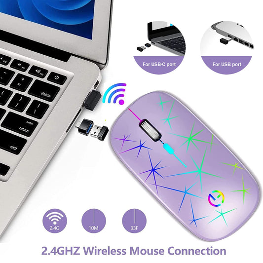 TaIYanG Wireless Mouse - 2.4G Optical Quiet RGB, USB Receiver & Type C Adapter, 3 DPI Levels, Purple, Portable for Laptop & PC