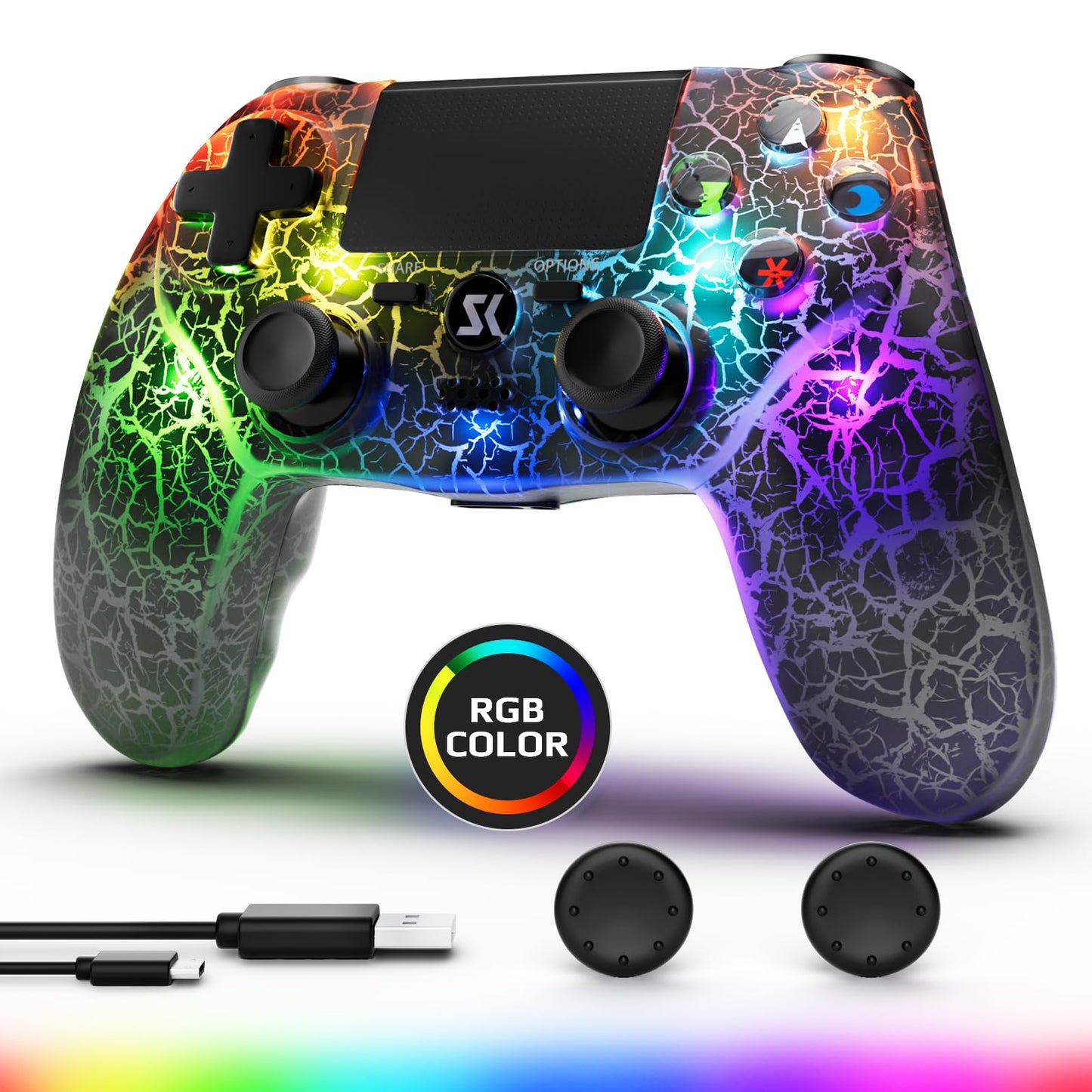 Wireless Controller for PS4  Controller Compatible with PS4/Pro/Slim Double Shock 6-Axis Motion Sensor  Sensitive Touch Pad  Built-in Speaker & Stereo Headphone Jack (Black Crack RGB Light)
