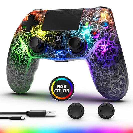 Wireless Controller for PS4  Controller Compatible with PS4/Pro/Slim Double Shock 6-Axis Motion Sensor  Sensitive Touch Pad  Built-in Speaker & Stereo Headphone Jack (Black Crack RGB Light)