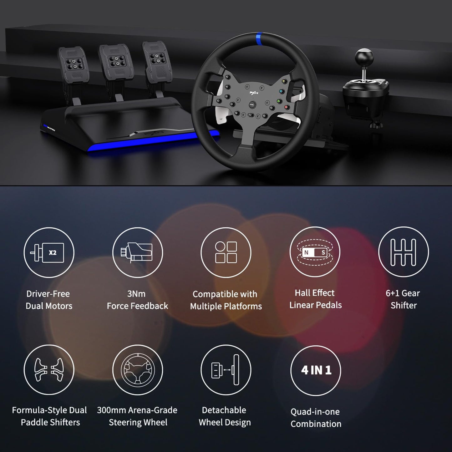 PXN V99 Force Feedback Racing Wheel with Pedals & Shifter for PC, PS4, Xbox - 270/900° Detachable, Black, 13.28 x 11.82