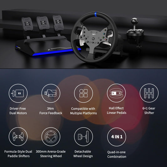 PXN V99 Force Feedback Racing Wheel with Pedals & Shifter for PC, PS4, Xbox - 270/900° Detachable, Black, 13.28 x 11.82