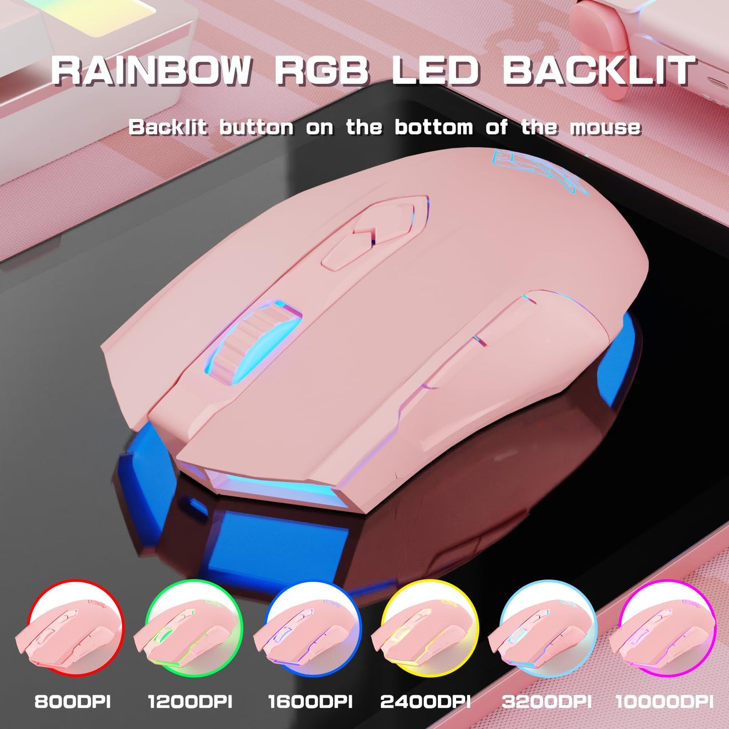 FELICON AJ52PRO Wired Wireless Bluetooth Gaming Mouse - 10000DPI, RGB LED, Ergonomic, 7 Buttons, Rechargeable, Pink