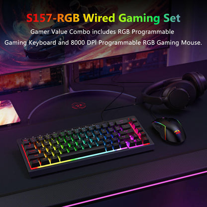 Redragon S157 RGB Wired Gaming Keyboard & Mouse Combo, 60% Compact, 8000 DPI, Black, Anti-Ghosting, RGB Backlit