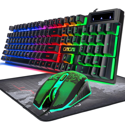 CHONCHOW Keyboard and Mouse Gaming LED Wired Combo with Emitting Character Keyboard 4800DPI 2 Side Button USB Mouse Rainbow Backlit Mechanical Feeling Compatible with PC Raspberry Pi Mac Xbox one ps4