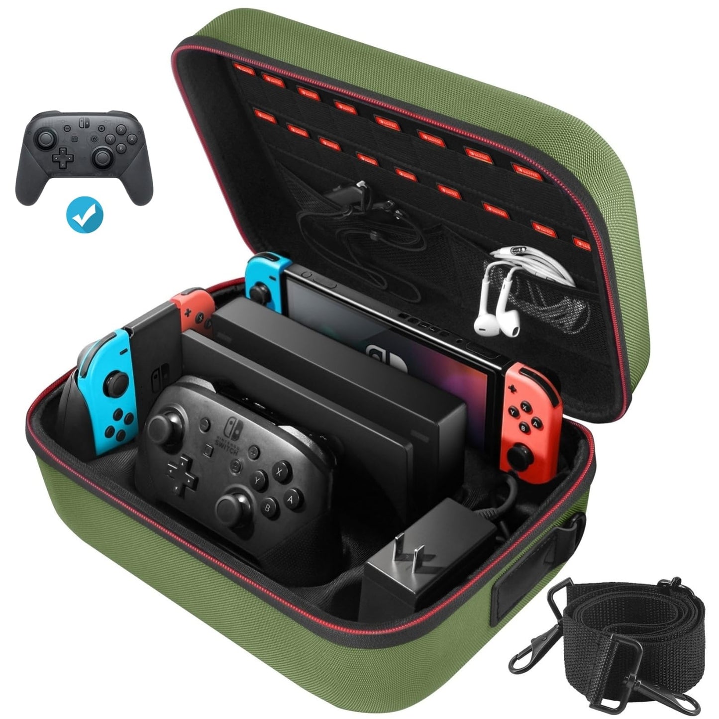 Switch Case for Nintendo Switch and Switch OLED Model  Portable Full Protection Carrying Tpartyl Bag with 18 Game Cards Storage for Switch Console Pro Controller Accessories Green