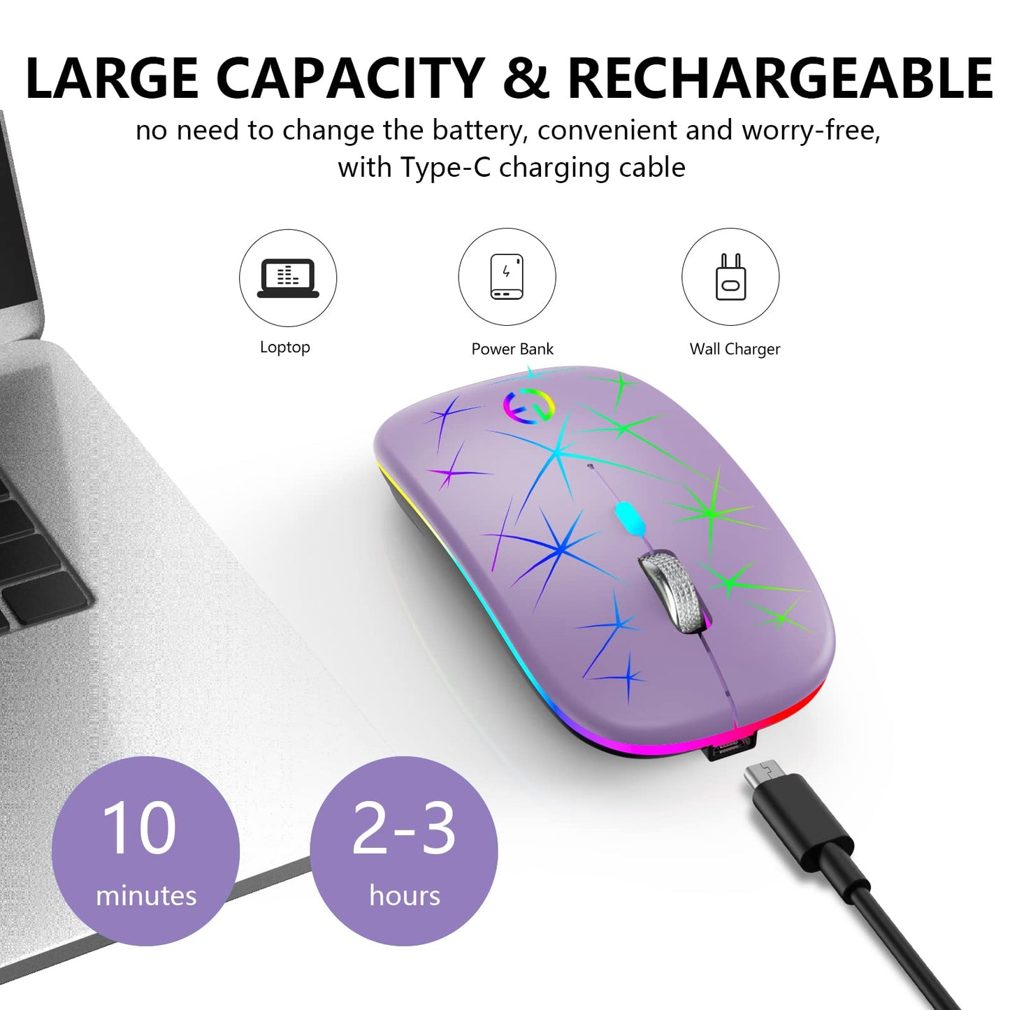 TaIYanG Wireless Mouse - 2.4G Optical Quiet RGB, USB Receiver & Type C Adapter, 3 DPI Levels, Purple, Portable for Laptop & PC