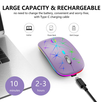 TaIYanG Wireless Mouse - 2.4G Optical Quiet RGB, USB Receiver & Type C Adapter, 3 DPI Levels, Purple, Portable for Laptop & PC