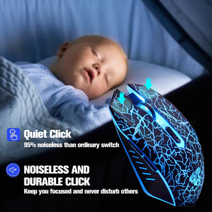 VEGCOO C10 Wireless Gaming Mouse - Rechargeable, Silent, 2400/1600/800 DPI, 7 Colors LED Lights, Black