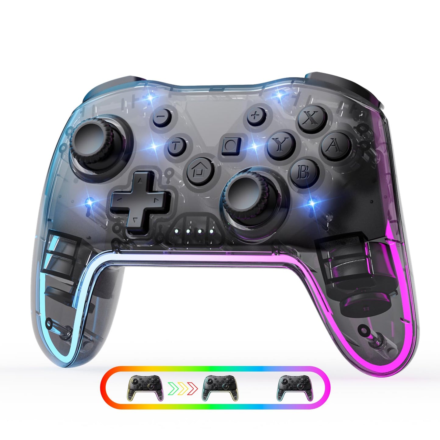 Comdigio Wireless Controller for Switch/Lite/OLED/PC/Android - Ergonomic Gamepad, 7 Color RGB Lighting, Turbo/Vibration Adjustment, Black