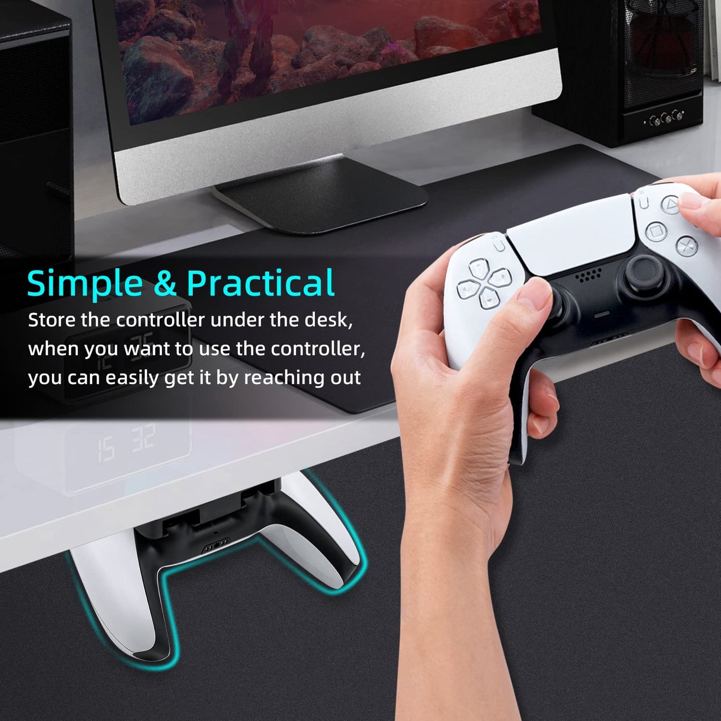 Mcbazel Under Desk Mount for PS5/PS4 Controller - Black, Model MT-050084, Table Stand Holder Compatible with PlayStation 5/4