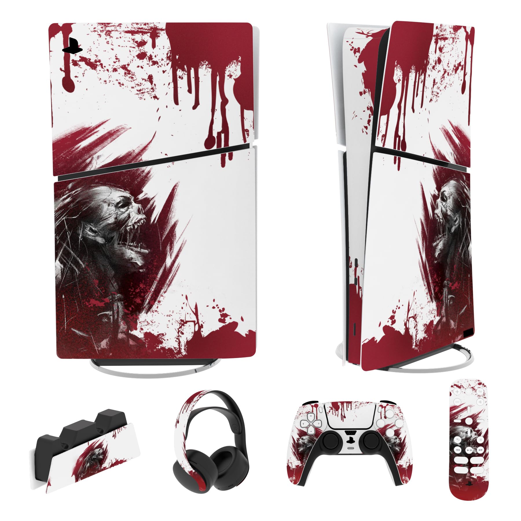 PlayVital Full Set Skin Sticker for ps5 Slim Console Digital Edition (The New Smaller Design)  Vinyl Skin Decal Cover for ps5 Controller & Headset & Charging Station & Media Remote - Blood Zombie