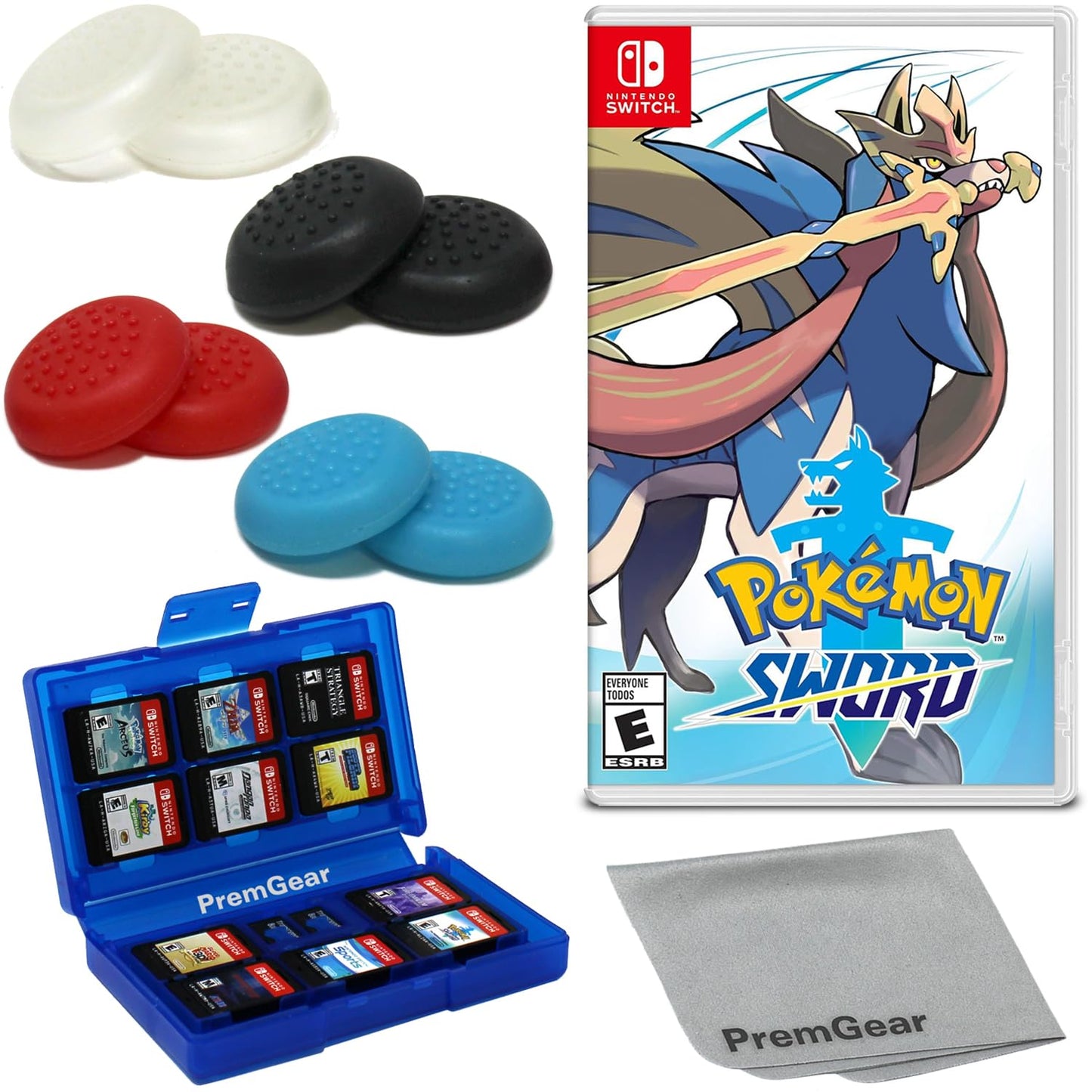 Pok?mon Sword for Nintendo Switch (US Version)  with PremGear Thumb Grips (8 pack - Black  Blue  Red & Clear)  24 Slot Game Card Holder & Cleaning Cloth