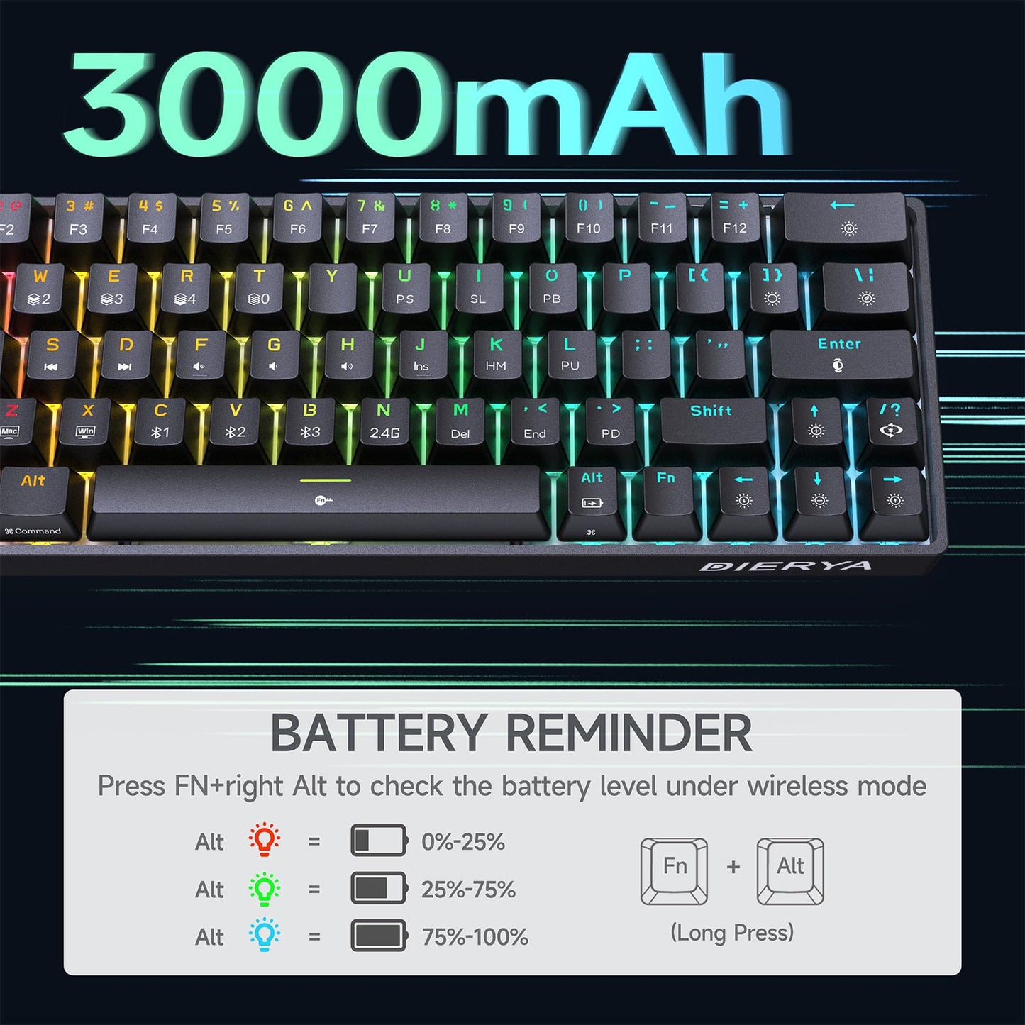 DIERYA DK63 Wireless Mechanical Gaming Keyboard | 60% Compact | RGB Backlit | Clicky Blue Switches | Black