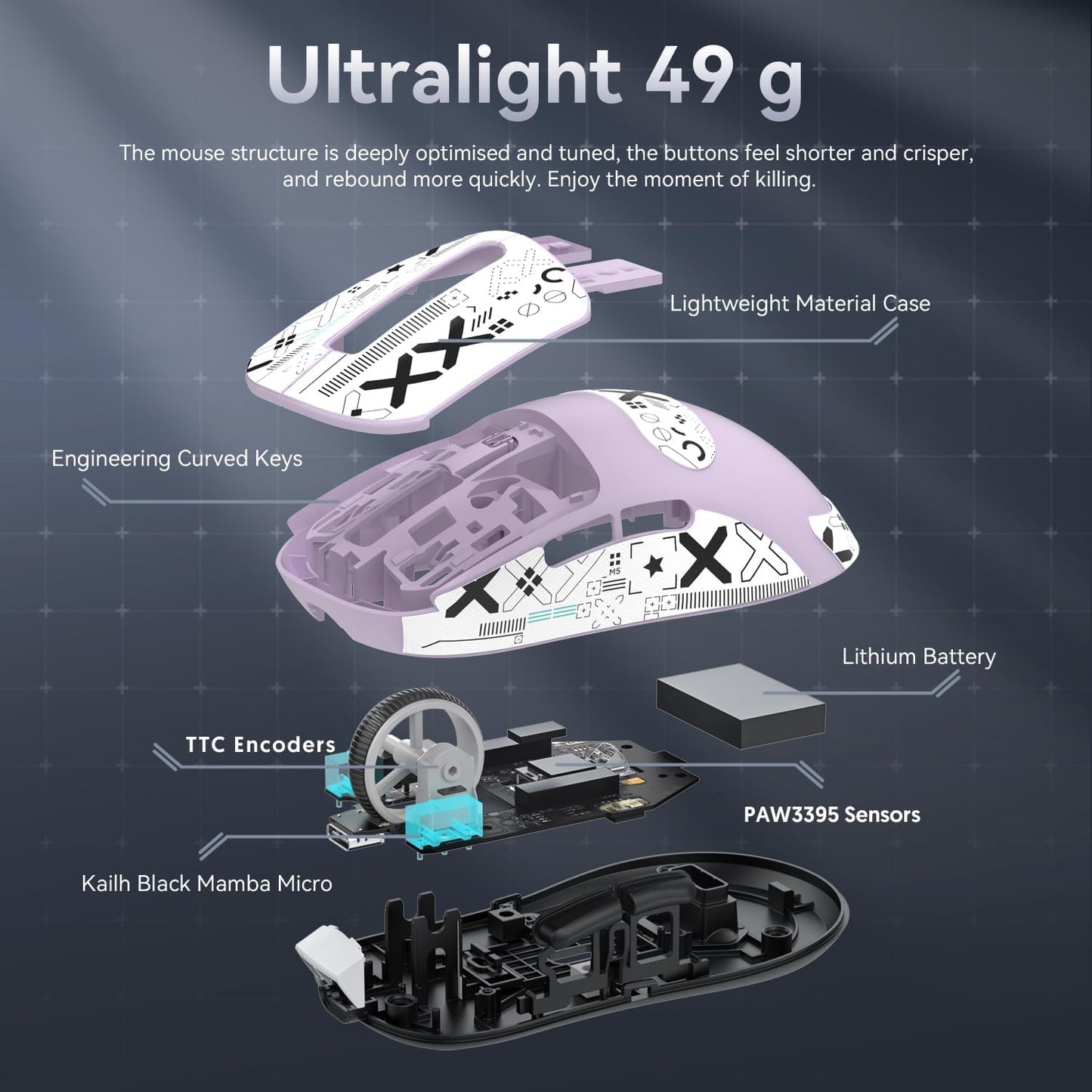 MANBASNAKE ATTACK SHARK X3 Wireless Gaming Mouse - 49g, 26K DPI, 200h Battery, Lavender & Griptape, Ergonomic for PC/Laptop
