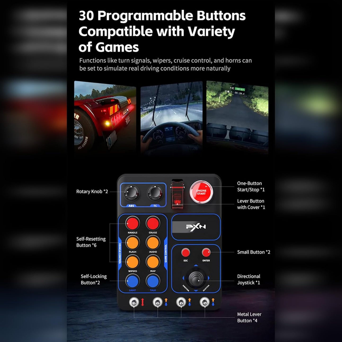 PXN Multi-functional Sim Racing Button Box, 30 Programmable Buttons, Adjustable RGB Lighting, 7.25"x5.68"x3.1", Black, Model PXN CB1
