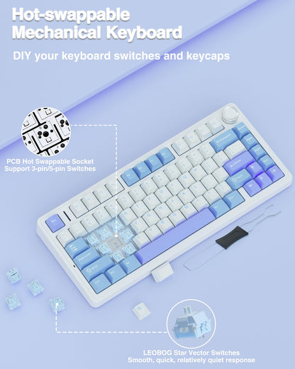 AULA F75 Wireless Mechanical Gaming Keyboard - Hot Swappable, RGB Backlit, 2.4GHz/Type-C/BT5.0, White/Blue/Purple