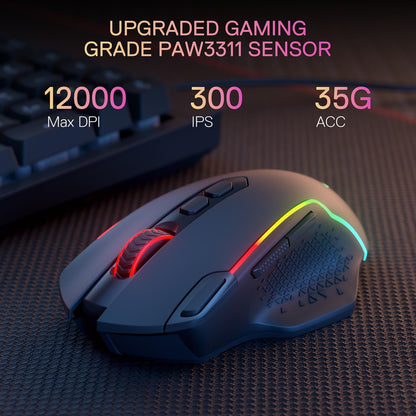 Redragon M810 PRO Wireless Gaming Mouse, 12000 DPI, RGB, 8 Macro Buttons, Black