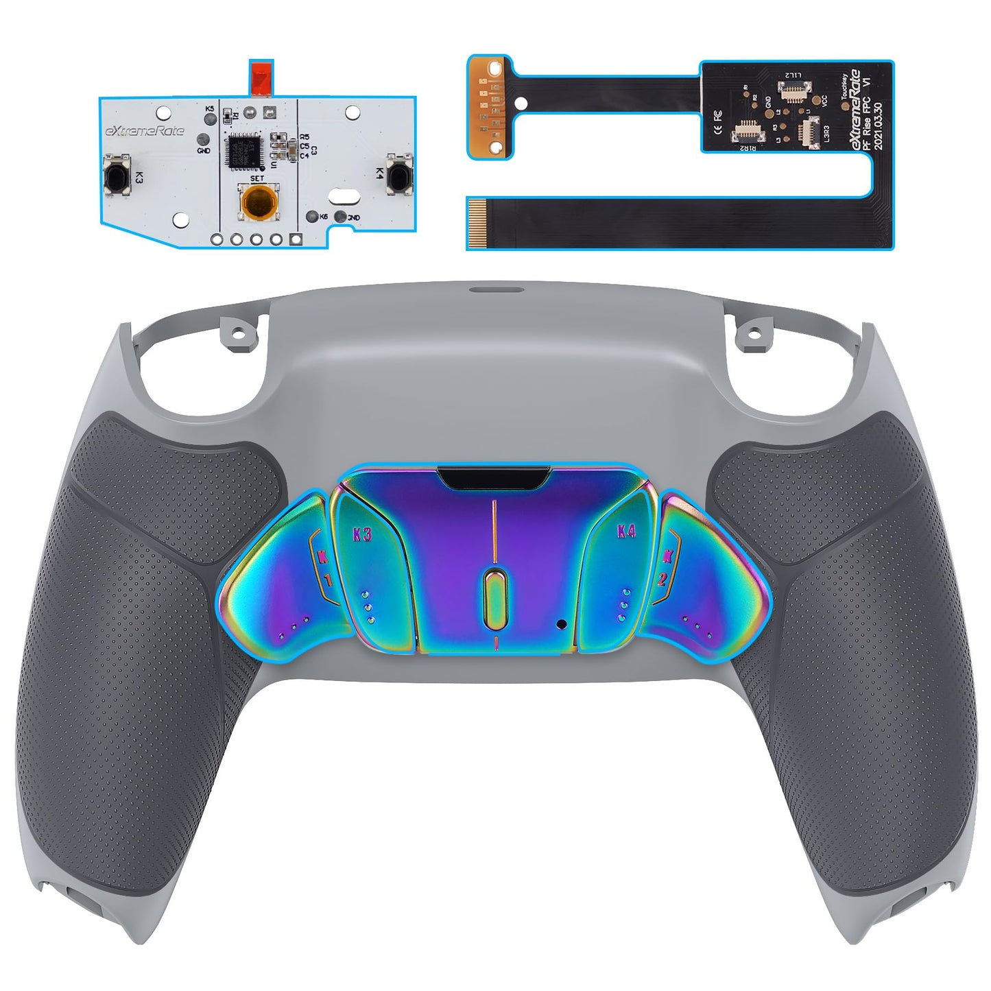 eXtremeRate Rainbow Aura Blue Purple Real Metal Buttons RMB RISE4 Remap Kit for PS5 Controller BDM-010 020  Gray Rubberized Grip New Hope Gray Back Shell  Upgrade Board Back Buttons for PS5 Controller
