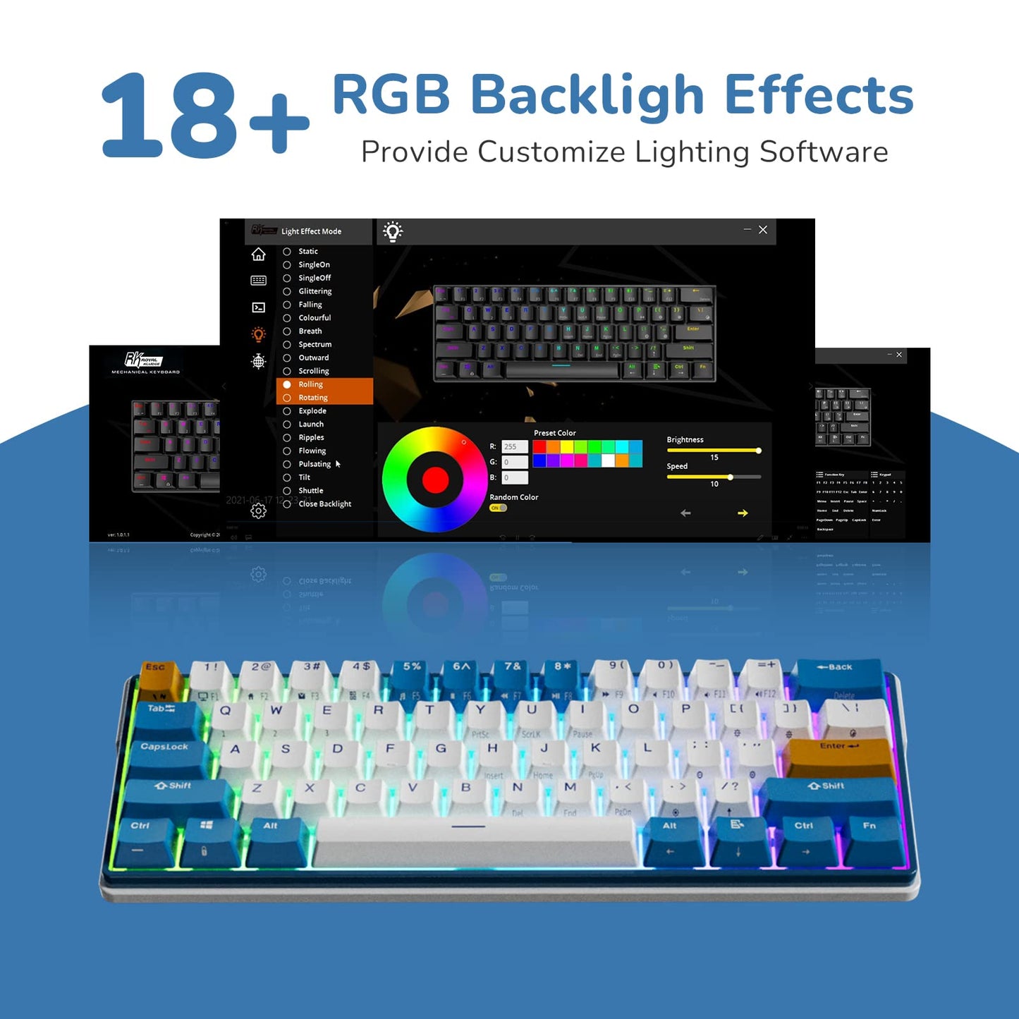 RK ROYAL KLUDGE RK61 Plus Wireless Mechanical Keyboard, 60% Gaming Keyboard, Bluetooth/2.4G/USB, White, Linear SkyCyan Switches