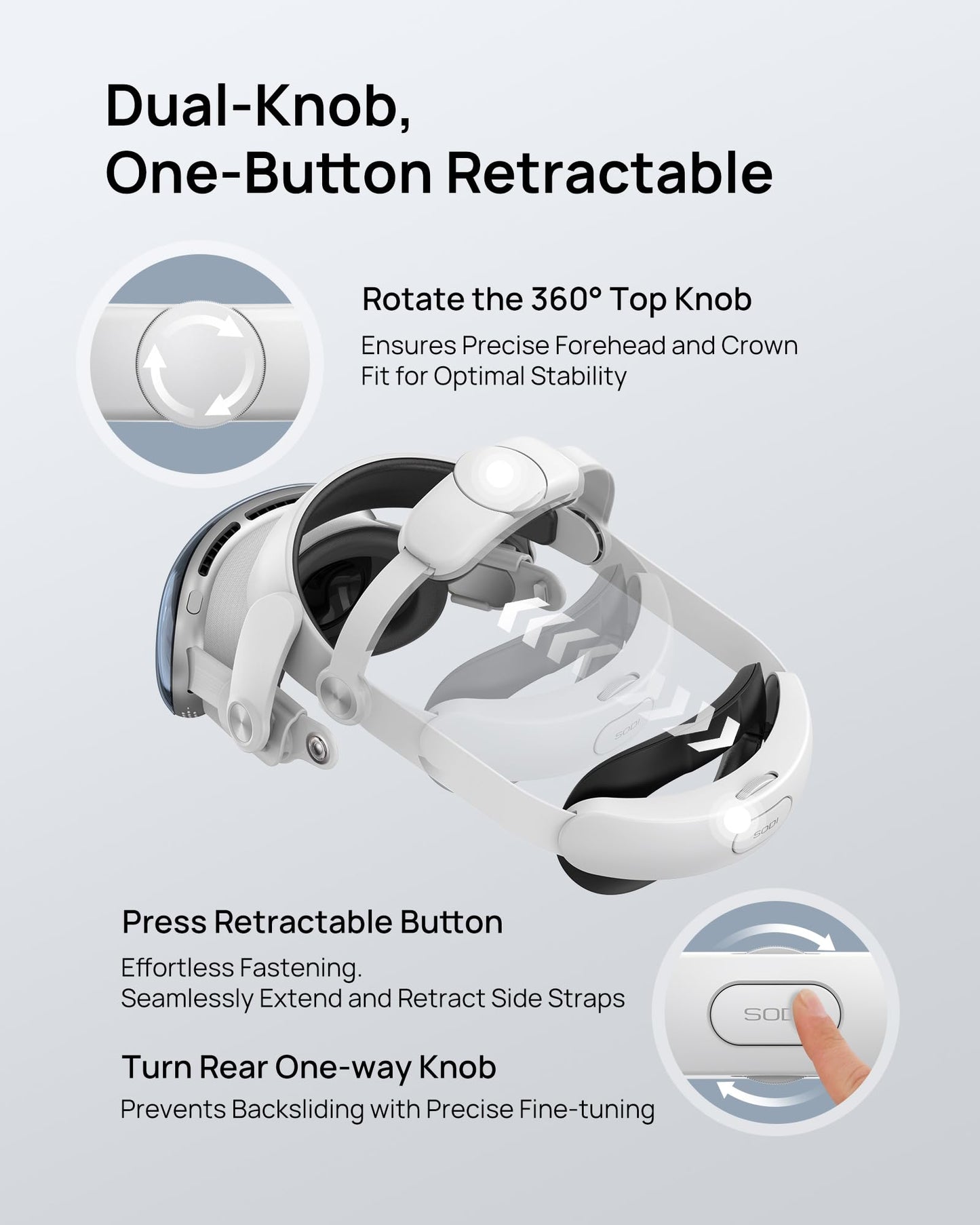 SODI Head Strap for Apple Vision Pro, Weight-Balancing, One-Button Retractable, Dual Knob Adjustment, White, Model SODI 705