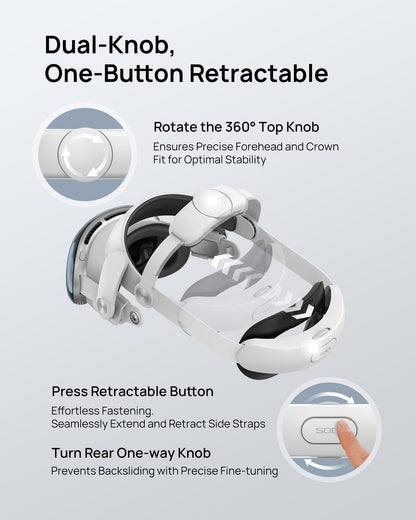 SODI Head Strap for Apple Vision Pro, Weight-Balancing, One-Button Retractable, Dual Knob Adjustment, White, Model SODI 705
