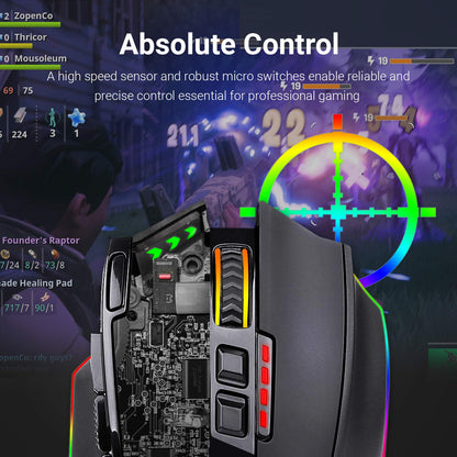 Redragon M801 Wireless Gaming Mouse - RGB, 16000 DPI, 9 Programmable Buttons, Black