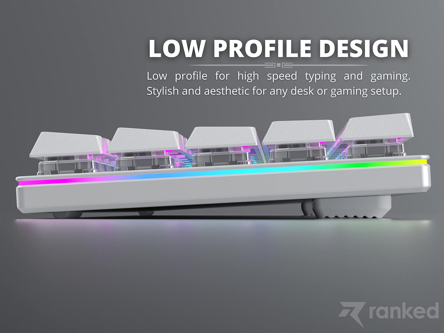 Ranked Guardian 65% Mechanical Gaming Keyboard | White | Ultra Slim | Hot Swappable | Gateron Low Profile Blue | 68 Keys RGB LED Backlit
