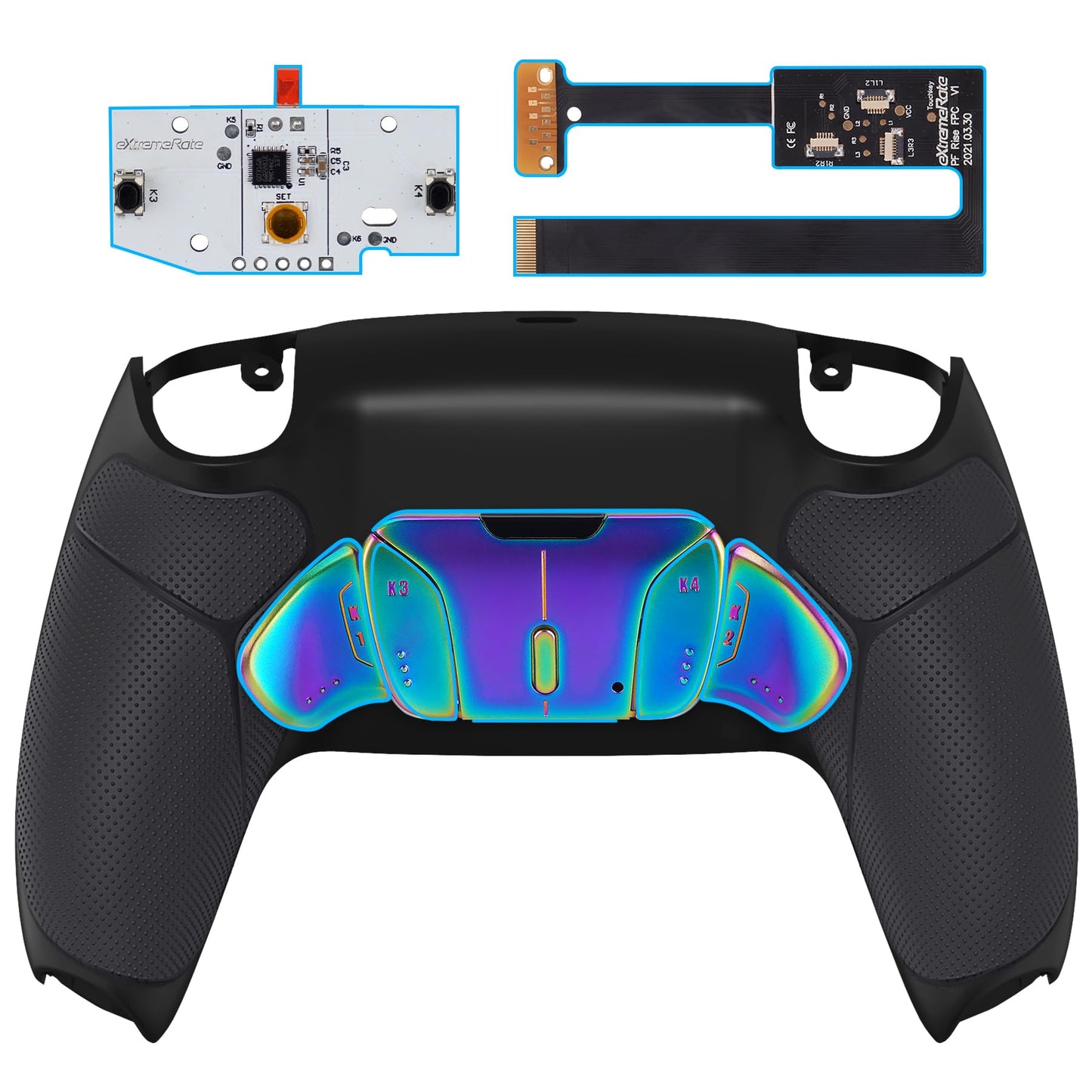 eXtremeRate Rainbow Aura Blue Purple Real Metal Buttons (RMB) RISE4 Remap Kit for PS5 Controller BDM-010 020 with Black Rubberized Grip Back Shell  Upgrade Board and 4 Back Buttons for PS5 Controller