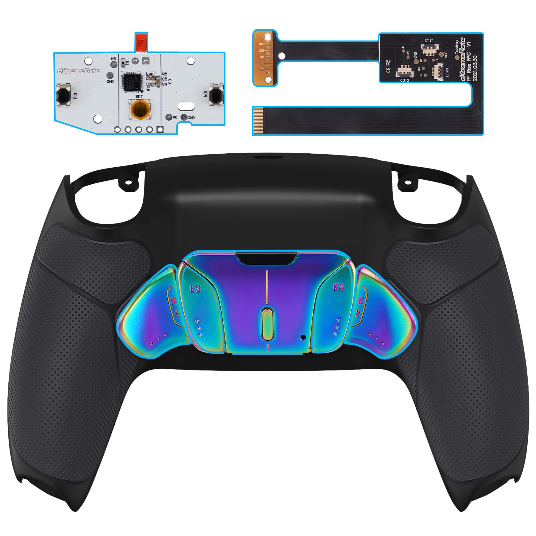 eXtremeRate Rainbow Aura Blue Purple Real Metal Buttons (RMB) RISE4 Remap Kit for PS5 Controller BDM-010 020 with Black Rubberized Grip Back Shell  Upgrade Board and 4 Back Buttons for PS5 Controller