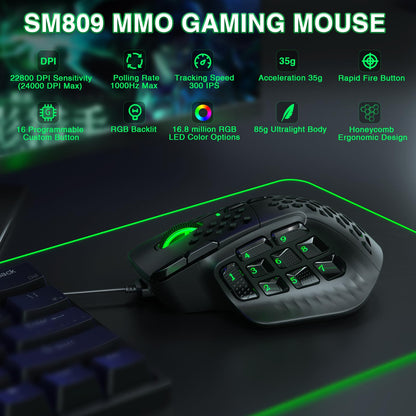 CORBOBO SM809 Wired RGB Gaming Mouse - 22800 DPI, 9 Side Buttons, Ergonomic Design, Large Size, Black