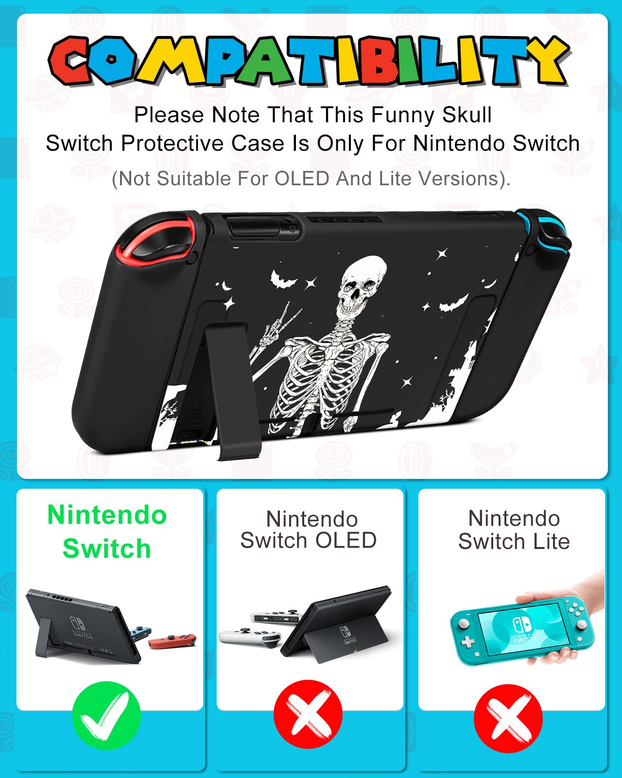 Gurgitat 9in1 Skull Skeleton Switch Case for Nintendo Switch - Black, Includes Thumb Grips, Game Holder, Dockable Skin, Shoulder Strap, Sticker