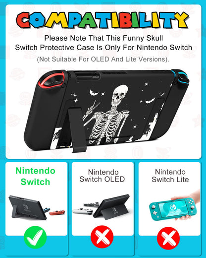 Gurgitat 9in1 Skull Skeleton Switch Case for Nintendo Switch - Black, Includes Thumb Grips, Game Holder, Dockable Skin, Shoulder Strap, Sticker