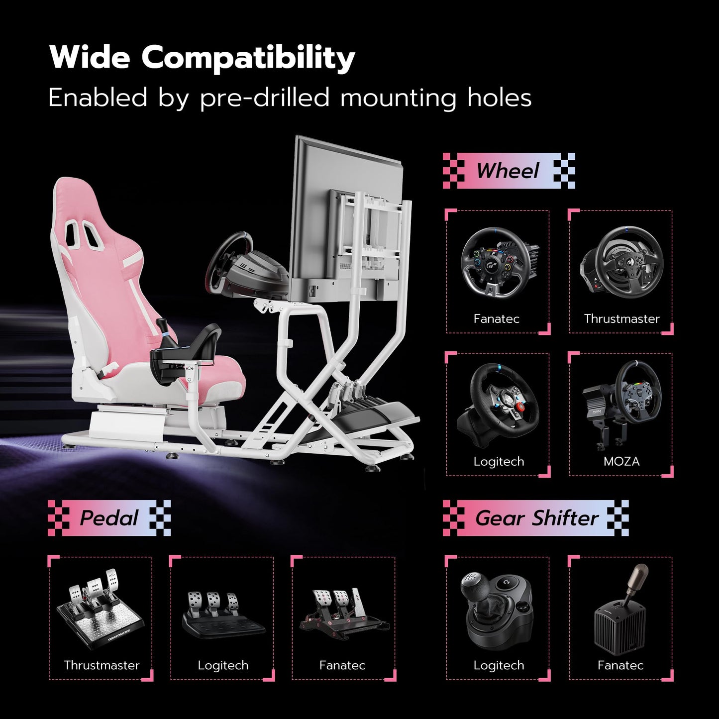 ARES WING Sim Racing Cockpit with Monitor Mount, GRS1002PK, Pink, Compatible with Fanatec, Thrustmaster, Logitech, PS5, PS4, Xbox, PC