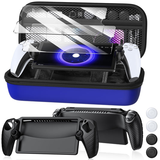 10 in 1 Accessoris Kit Compatible with PS5 Portal  Hard EVA Carry Case for Ps Portal  Soft Silicone Protective Cover  2 HD Pack Screen Protector  2 Cleaning Kit with 4 Thumb Grip for PlayStation Portal Remote Player (Blue)