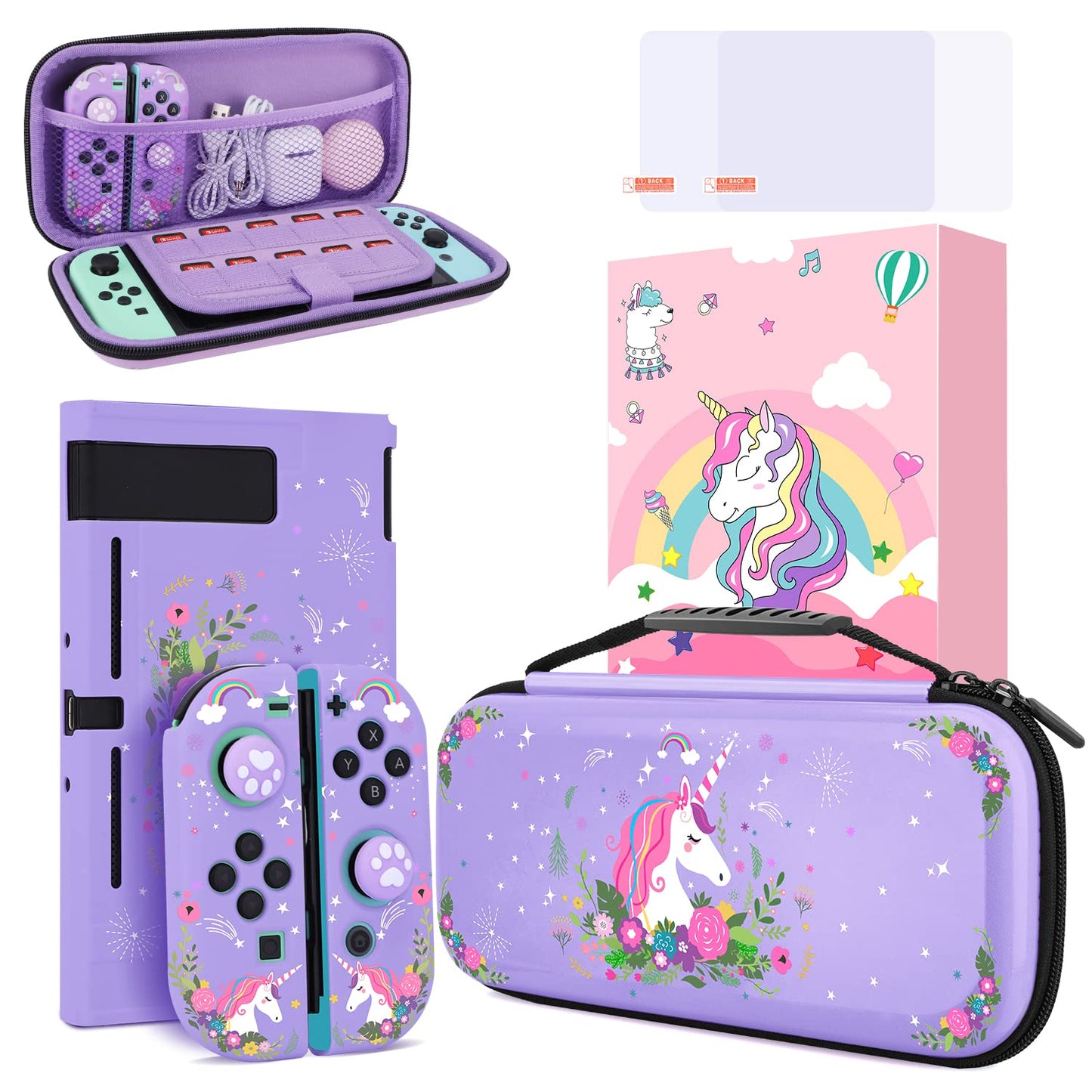 homicozy Cute Unicorn Protection Case for Nintendo Switch Purple Hard Carrying Case with Soft TPU Protective Cover and Protection Acessories Compatible with Nintendo Switch for Girls