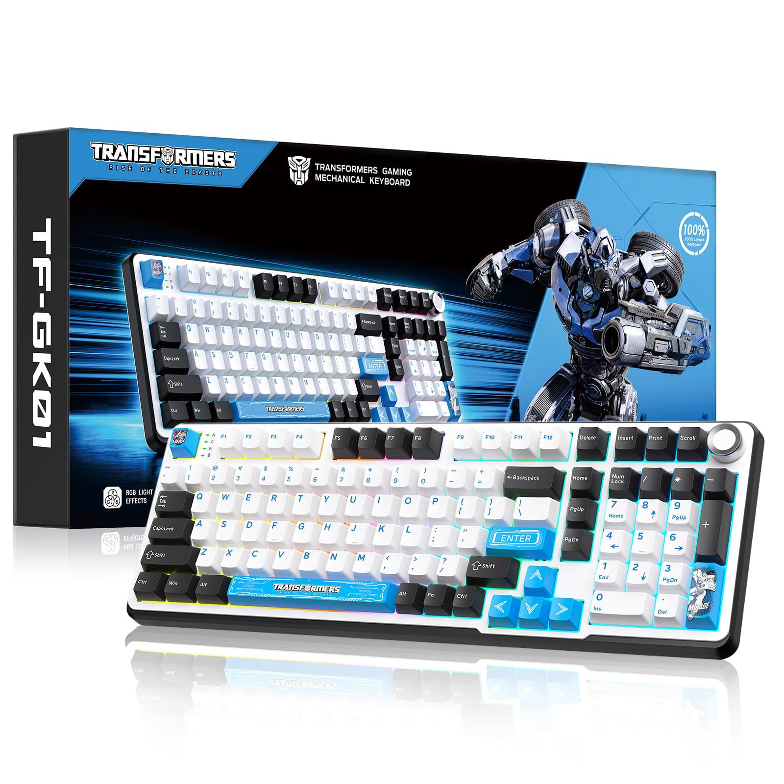 Transformers GK01 Wireless Mechanical Keyboard with Knob 101 Keys RGB Creamy Gaming Keyboard  BT5.0/USB-C/2.4GHz Pre-lubed Linear Switches Hot Swappable Custom Computer Keyboards(Mirage White)