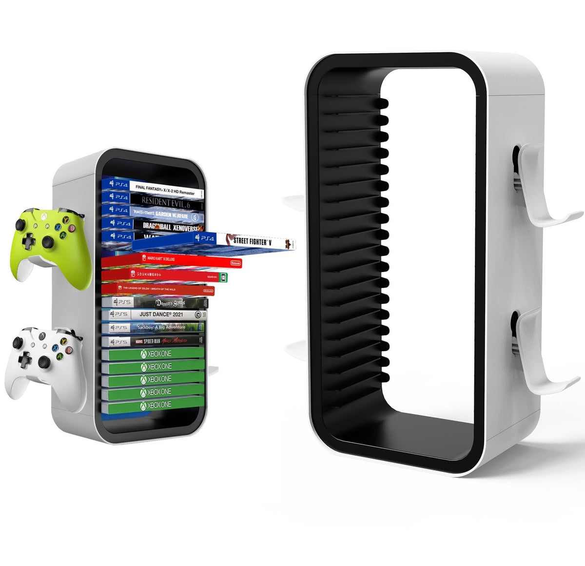 wigmoa OYO-1?15.8INCH? game Storage Tower Compatible with PS5/ Xbox Series S & X/ Switch  Universal Video Games Discs Organizers 18 PCS with 4 Controllers Holder  Game Disk Box Stand.(White/Black)
