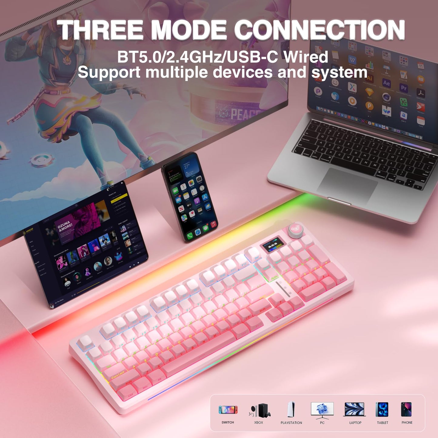 AULA S98 Pro Wireless Mechanical Keyboard - Hot Swappable, RGB Backlit, Side Printed Pink, 2.4GHz/USB-C/BT5.0, Pre-lubed Linear Switch
