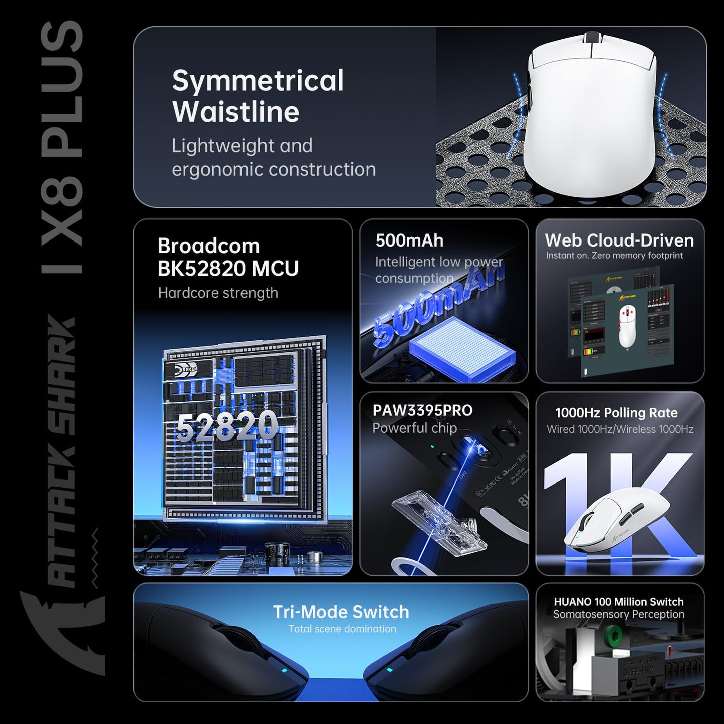 MAMBASNAKE X8 Plus Wireless Gaming Mouse - 55g Lightweight, Ergonomic, 40K DPI, 150h Battery, White With Tape