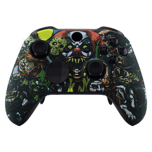 eXtremeRate Scary Party Patterned Faceplate Cover  Soft Touch Front Housing Shell Case Replacement Kit for Xbox One Elite Series 2  Xbox Elite 2 Core Controller Model 1797 - Accent Rings Included
