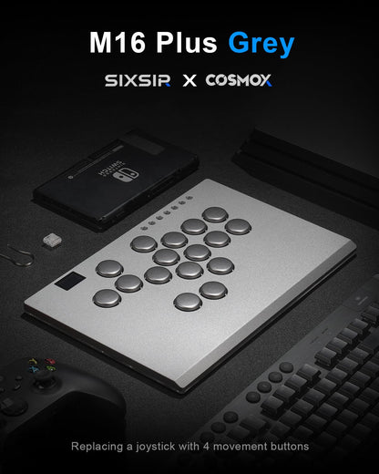 SIXSIR M16+ Leverless Arcade Stick Controller - Custom RGB, 16 Key, Slim Aluminum Alloy, Grey for PC/PS4/PS3/Switch