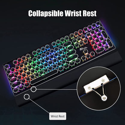 RK ROYAL KLUDGE S108 Retro Mechanical Keyboard, Wired 108 Keys, RGB Backlit, Blue Switches, Black with Detachable Wrist Rest