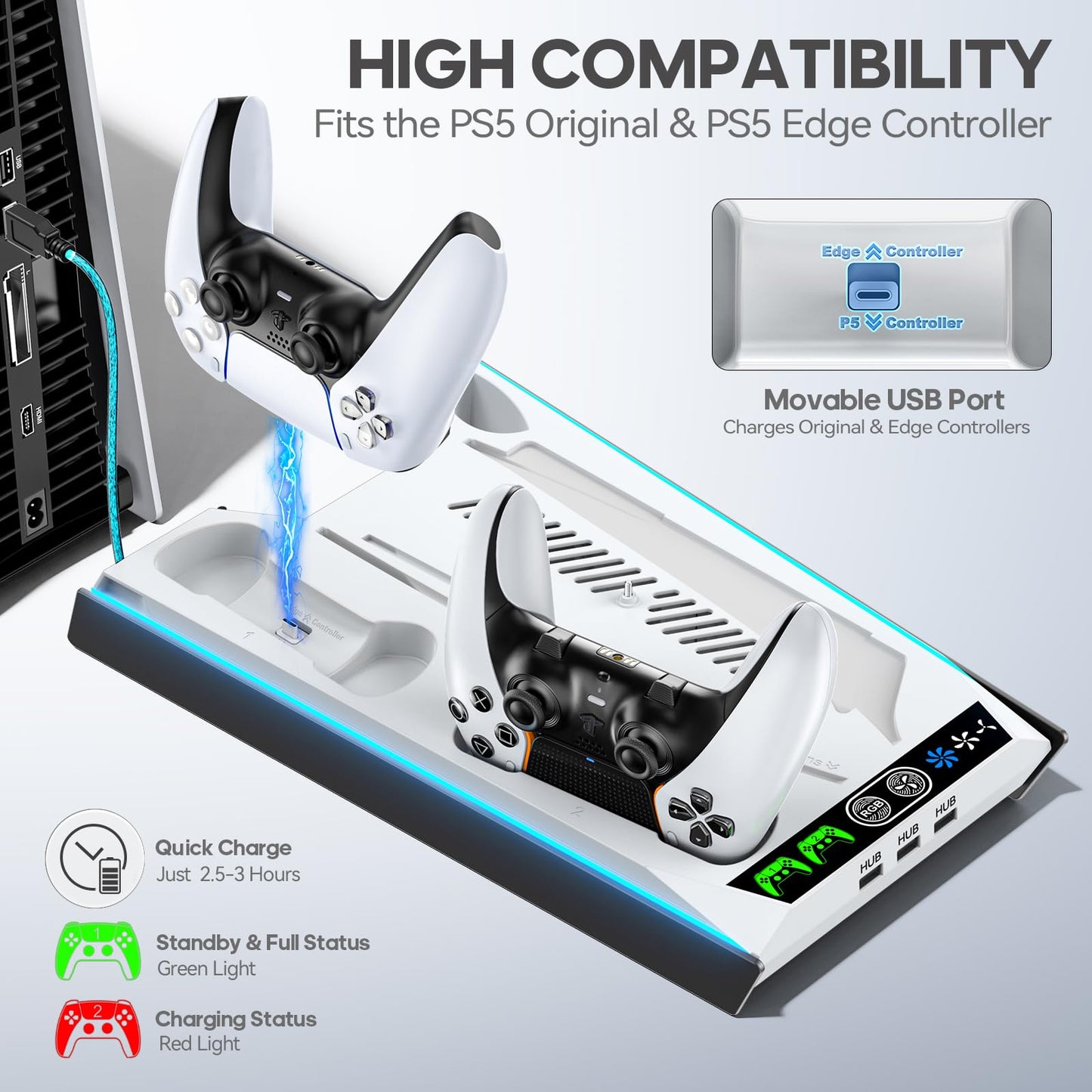 Rysker PS-5 Cooling Stand with RGB Lighting, Controller Charger & 3 USB Ports - Disc & Digital Version - White & Black