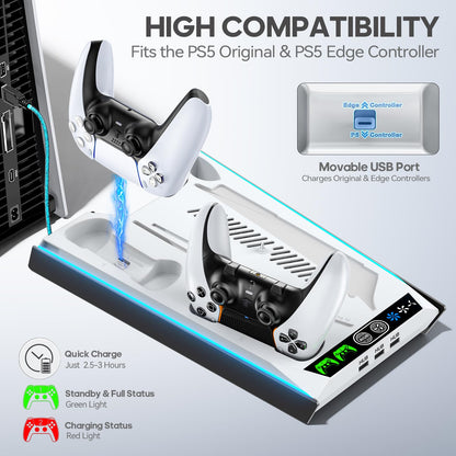 Rysker PS-5 Cooling Stand with RGB Lighting, Controller Charger & 3 USB Ports - Disc & Digital Version - White & Black
