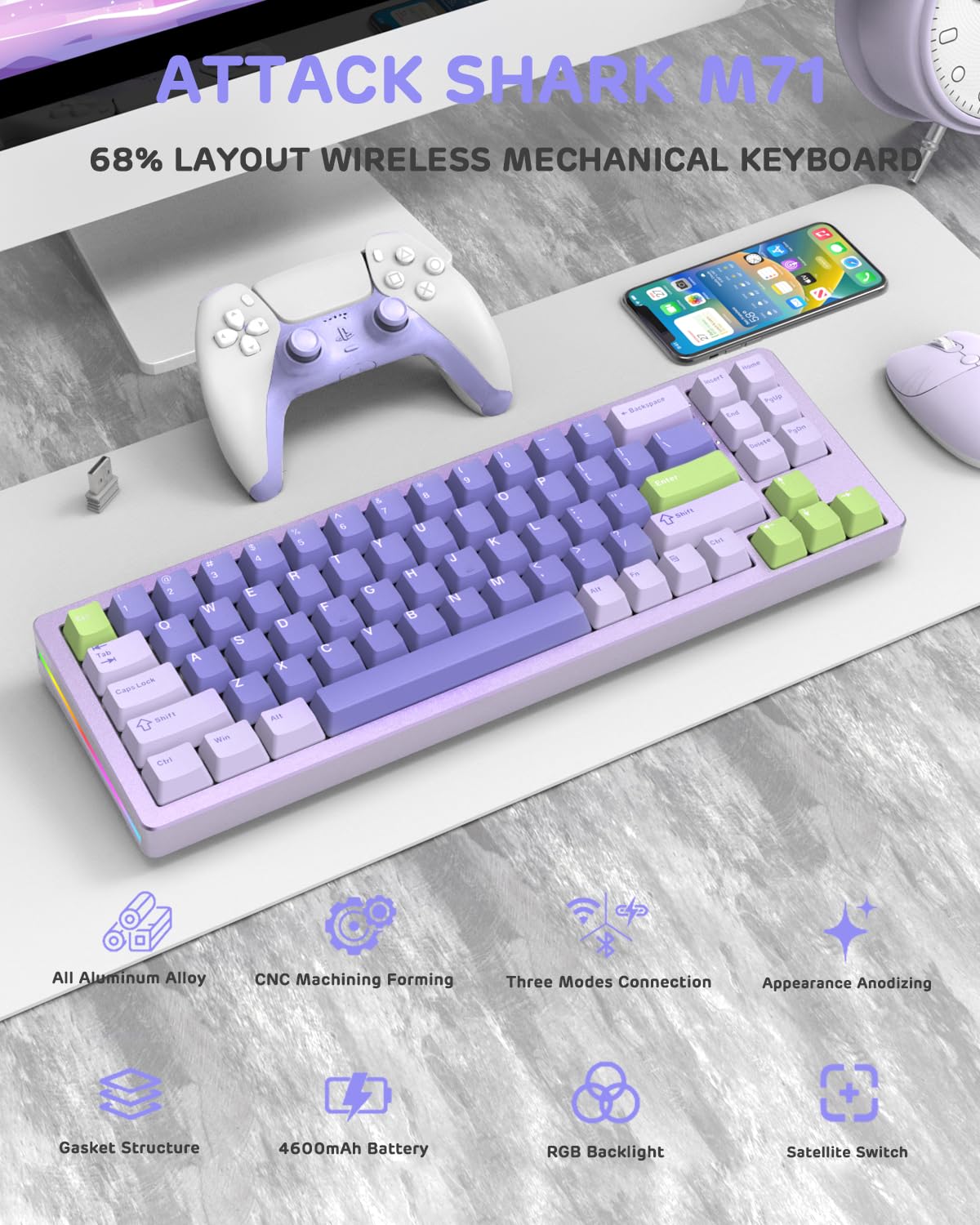 ATTACK SHARK M71 Wireless Mechanical Keyboard, 75% TKL, RGB LED, Hot-swap, 13.78" x 4.53", Lavender/Linear White Jade Switch