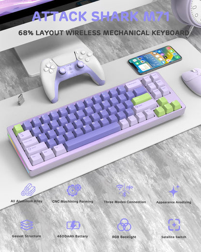 ATTACK SHARK M71 Wireless Mechanical Keyboard, 75% TKL, RGB LED, Hot-swap, 13.78" x 4.53", Lavender/Linear White Jade Switch